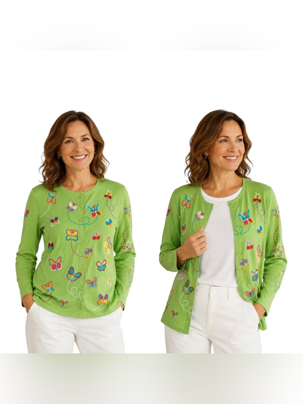 Michael Simon Lime Green Butterfly Embroidered Cardigan Size M 100% Cotton